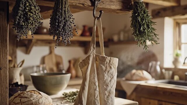 Rustic kitchen with dried herbs and fabric apron hanging, embodying a cozy, natural farmhouse lifestyle.