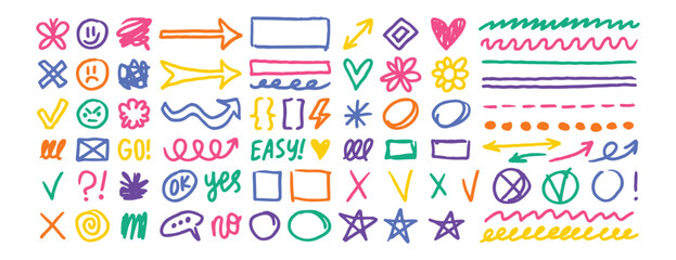 colored doodle design elements, charcoal hand drawn pencil drawn marks and elements. drawing thin texture frames, stars, lines