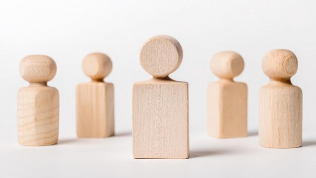 Five wooden peg figures with round heads and rectangular bodies stand in a line, the center figure larger. Concept Wooden peg dolls, Line of figures, Center figure larger, Minimalist toys