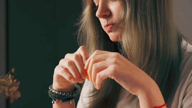 Teenage girl choosing healthy snack at home. Clean eating, wellness and everyday lifestyle.