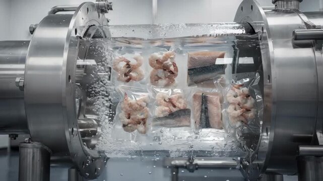 Medium shot of HPP vessel applying highpressure processing to small seafood packs enhancing shelf life with clear water chamber visibly surrounding sealed packages.
