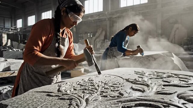 Skilled stonecutters meticulously carve intricate designs into granite blocks within a dusty workshop