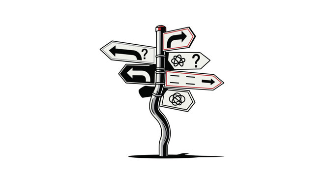 Crossroads Directional Signpost Vector: Confused Choice at Junction, Business Dilemma, Abstract Road Map, Isolated on Transparent Background.