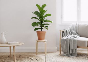 Bright Living Room With Potted Plant, Minimalist Decor, And Cozy Sofa Arrangement For Home Style