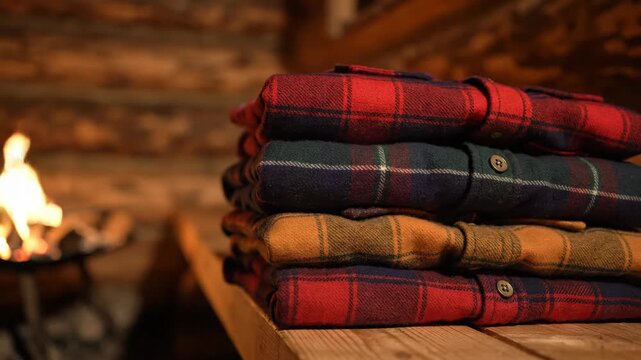 Stacked Flannel Shirts in a Cozy Cabin by the Firelight