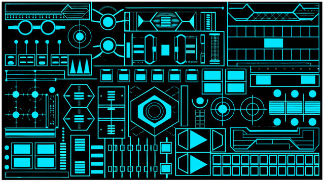 Abstract futuristic interface elements in cyan on a black background