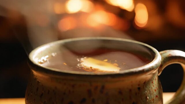 Steaming mug of warm ginger tea with a slice of lemon in cozy fireplace glow