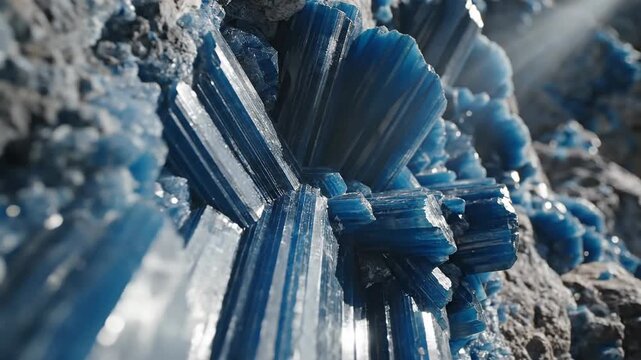 Striking blue kyanite blade-like crystals in natural geological formations, showcasing intricate mineral growth and textures.