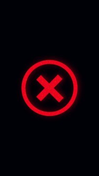 Red Cross Mark Inside a Glowing Red Circle on Black Background incorrect denied, Red Cross Symbol Inside Glowing Red Circle on Black Background, red cross mark centered in a luminous circle.