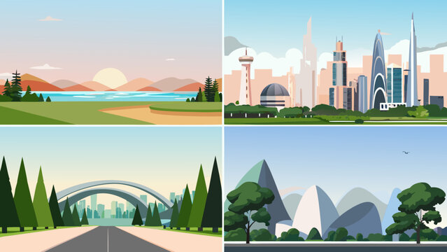 Four vector illustrations showcasing diverse landscapes and modern cityscapes
