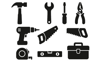 A collection of black tools and equipment on a white background