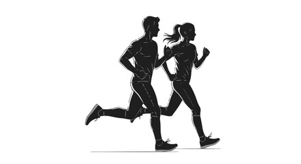 Black silhouette of a man and woman running together in sync