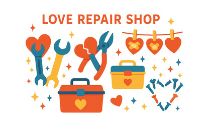 A colorful illustration of a love repair shop with tools and hearts