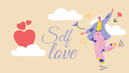 Self Love conceptual illustration with a woman jumping and heart symbols