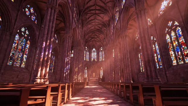 Sunlight filters through vibrant stained glass windows illuminating the majestic gothic cathedral nave