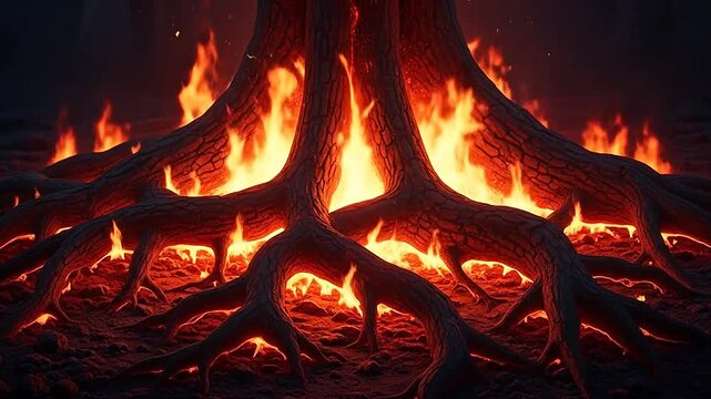 Vibrant flames engulfing tree roots at night.