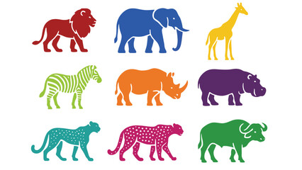 A colorful illustration of various wild animals in a vibrant setting