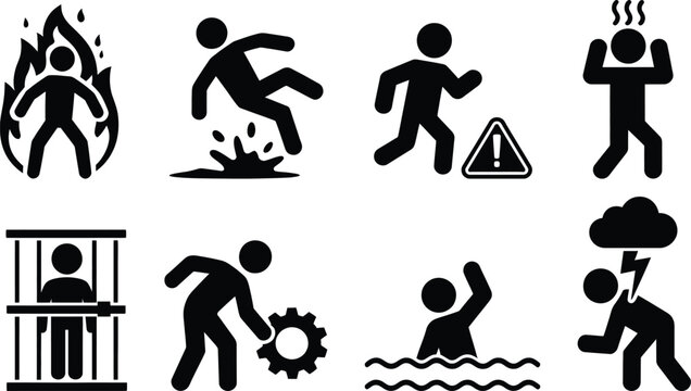 Diverse safety icons representing various hazards and emergency situations