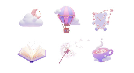 Naklejka premium Cute pastel dream elements featuring balloon teddy bear moon dandelion coffee cup and book isolated on transparent background