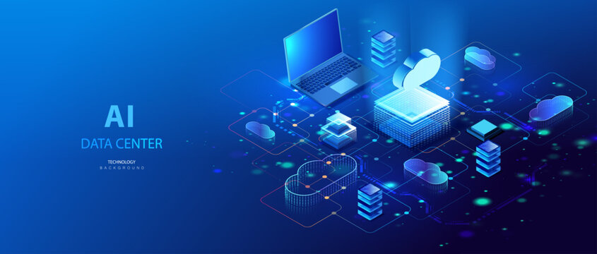 Cloud center data isometric vector background. Network database secure technologies. Futuristic ai server clouds center connecting with computer laptop. Digital data computing system.