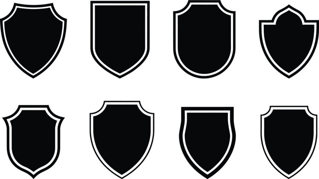 Eight distinct shield designs showcasing variations in shape and border style.