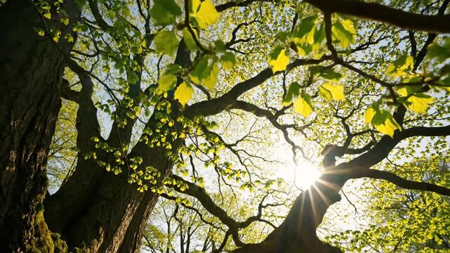 Sunlight streams through ancient tree branches with vibrant green leaves unfurling skyward