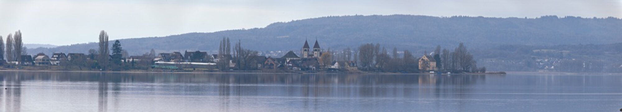 Reichenau Island on Lake Constance, overlooking the Lower Lake as a panorama in winter