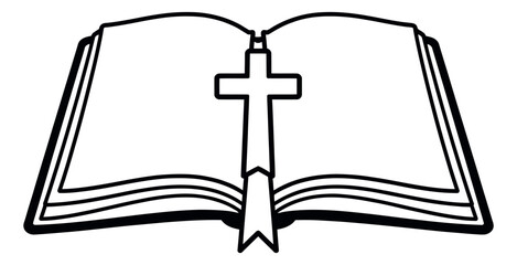 Hand drawn line art illustration of an open book with a cross bookmark depicting religious devotion for spiritual education