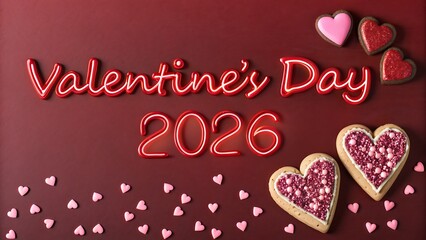 Valentine's Day 2026 romantic script text with heart cookies on deep red