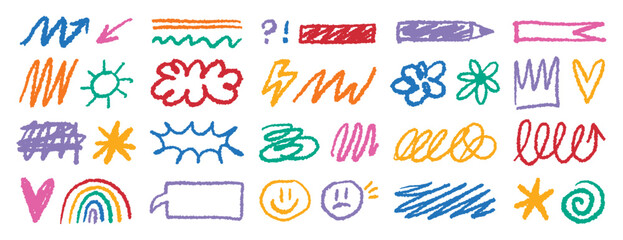 Crayon doodle colorful charcoal hand drawn set. Pencil drawings squiggle shapes and forms. Freehand collage elements.