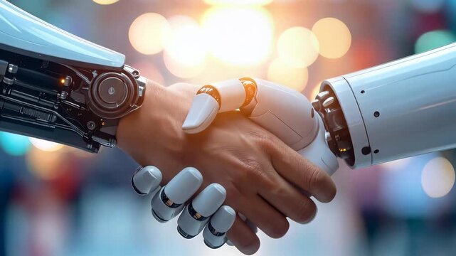 Robot hand connects with human hand in futuristic partnership handshake