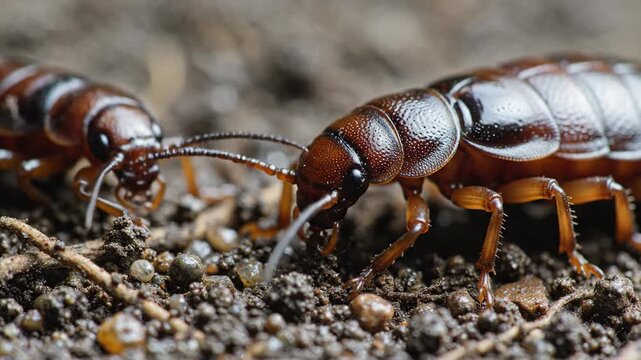Two brown earwigs meticulously grooming their antennae in the rich soil
