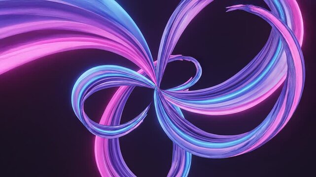 Glowing purple and blue neon light strips twisted in a knot on a dark background for technology or futuristic design use
