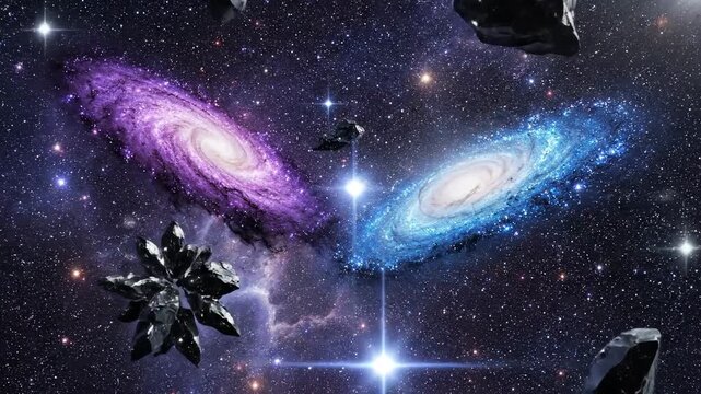 Two vibrant galaxies and jagged asteroids drift through a star-filled cosmic nebula, showcasing the awe-inspiring vastness of space.