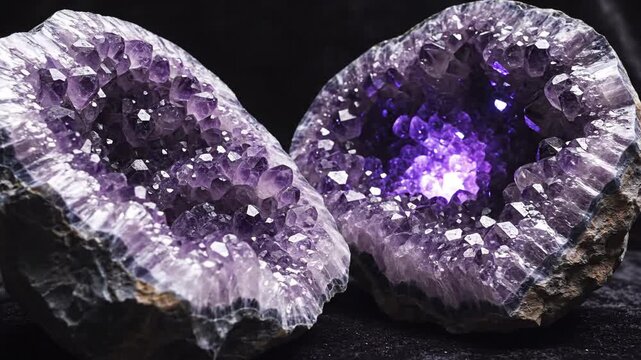 Two large amethyst geodes cracked open revealing their sparkling purple crystalline interiors against a dark background