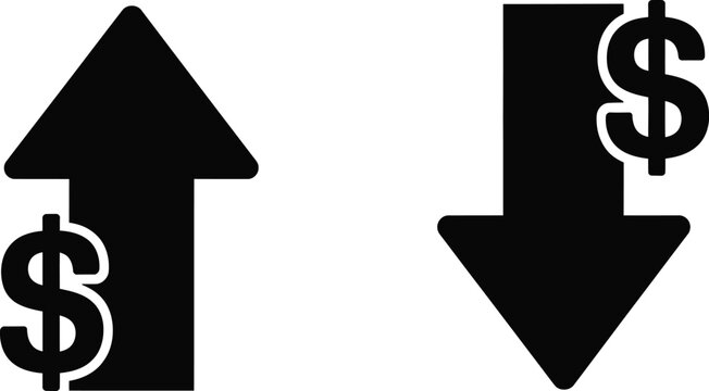 Black arrows pointing up and down with dollar signs indicating financial trends
