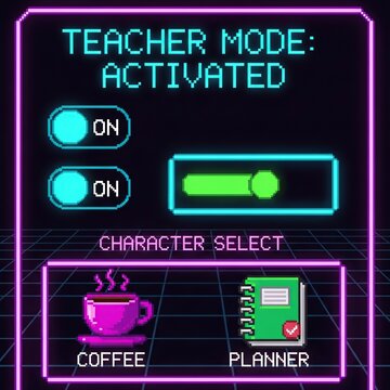 Pixel art teacher mode activated screen with coffee and planner character select