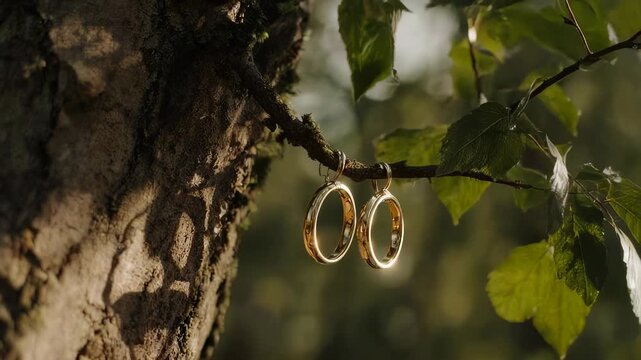 Golden rings dangle from a branch with green leaves against a blurry forest background
