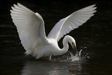 Great egret captures fish with wings spread in dark water