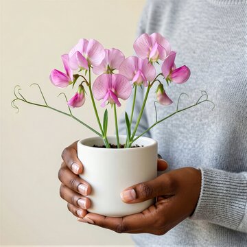 Sweet Pea flowers in small ceramic pot held by person in grey sweater against beige wall. Concept of calmness and beauty with Lathyrus odoratus, sweet pea in pot. 