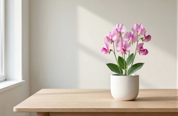 Fototapeta premium Sweet Pea with pink blossoms in white ceramic pot on wooden table, bright sunny room. Concept of minimalistic aesthetic with soft background, highlighting Lathyrus odoratus.