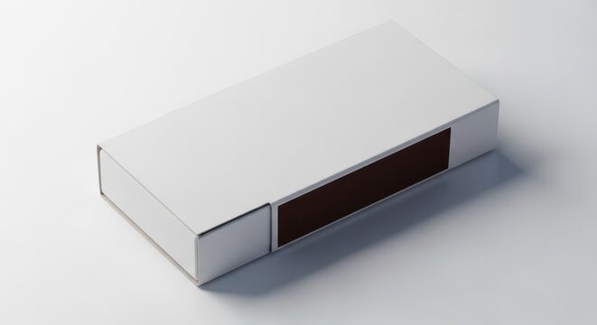 A simple, blank white rectangular cardboard matchbox lying flat against a plain background, emphasizing clean packaging and utility, rectangular, white, carton