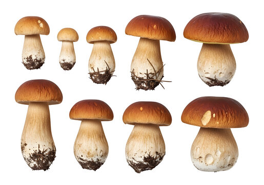 set of autumnal harvest mushrooms edible boletus porcin isolated on transparent or white background. PNG
