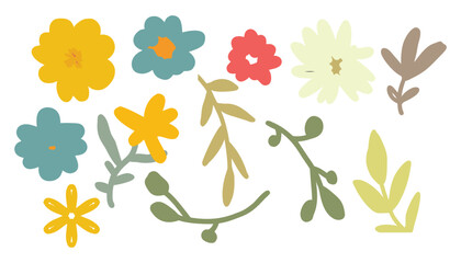 Obraz premium Colorful Set of Wildflowers and Leaves Hand Drawn Botanical Collection.