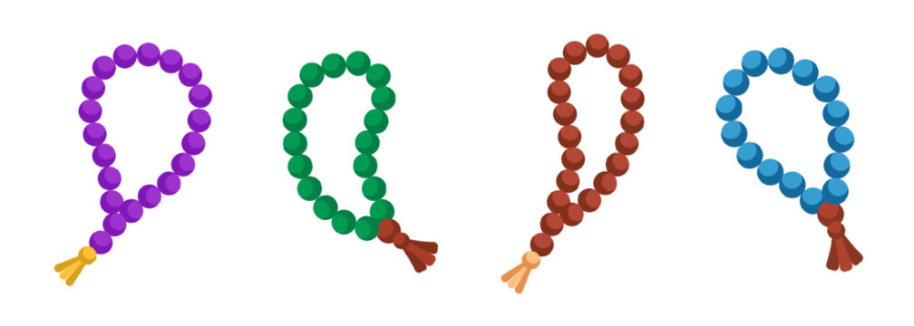 Islamic tasbih prayer beads vector cartoon icon set. Collection of flat colorful misbaha with tassel isolated on transparent background for Ramadan, Islamic worship. Muslim faith 2d design element