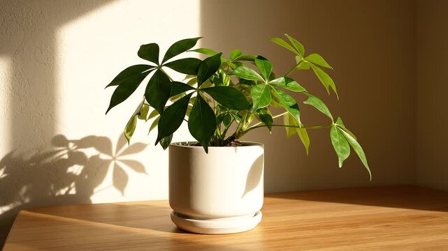 Indoor plant in pot on wooden table in sunlit room with shadows