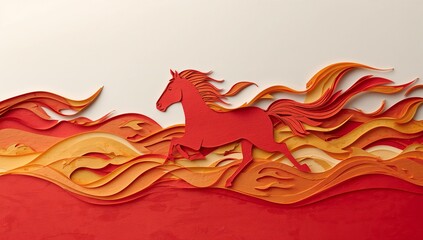 Fototapeta premium Dynamic Paper-Cut Fire Horse Running Chinese New Year Background