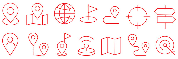 Location icon set with map, pin, navigation, distance, direction and address symbols in solid vector style.