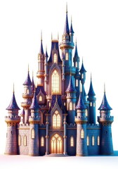Majestic fantasy castle architecture resting on a white background, symbolizing dreams, royalty, and magical stories, rendering, design element, palace