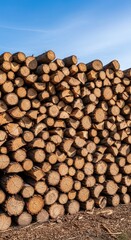 Large rustic stack of cut logs resting outdoors, neatly organized wood ready to be burned for warmth during the cold season, heating, preparation, fuel